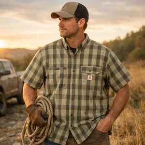 NWT Carhartt Force Ridgefield 2XLT Tall Shirt Beige Buttons Pockets Plaid